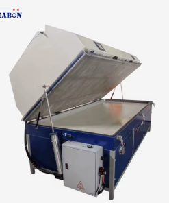 PV-2500A vacuum membrane press rear view with electrical cabinet and lifting cylinder