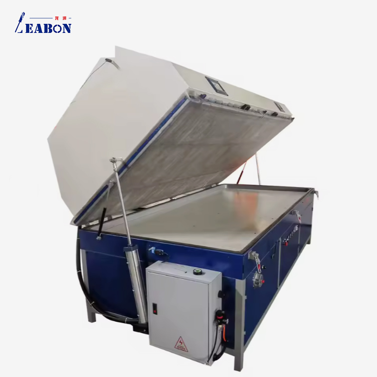 PV-2500A vacuum membrane press rear view with electrical cabinet and lifting cylinder